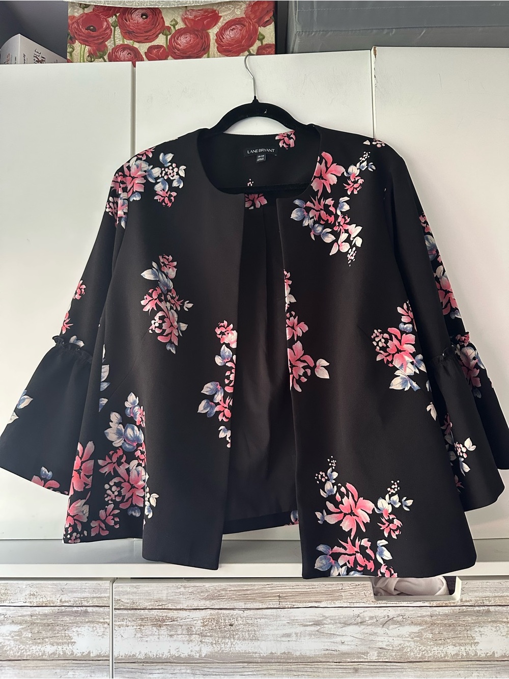 🌸 Lane Bryant Black Floral Bell Sleeve Open Front Jacket Size 18/20